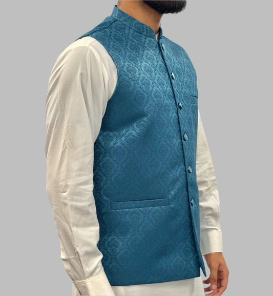 Men's Petrol Blue Royal Design Jamawar Waistcoat Side View