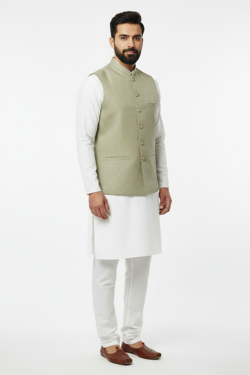 Men's Pistachio Stone Print Design Jamawar Waistcoat Full