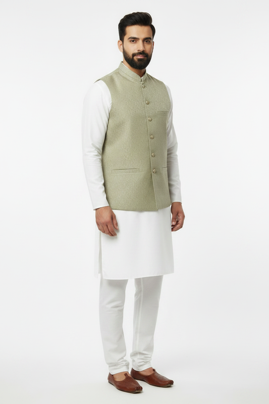 Men's Pistachio Stone Print Design Jamawar Waistcoat Full