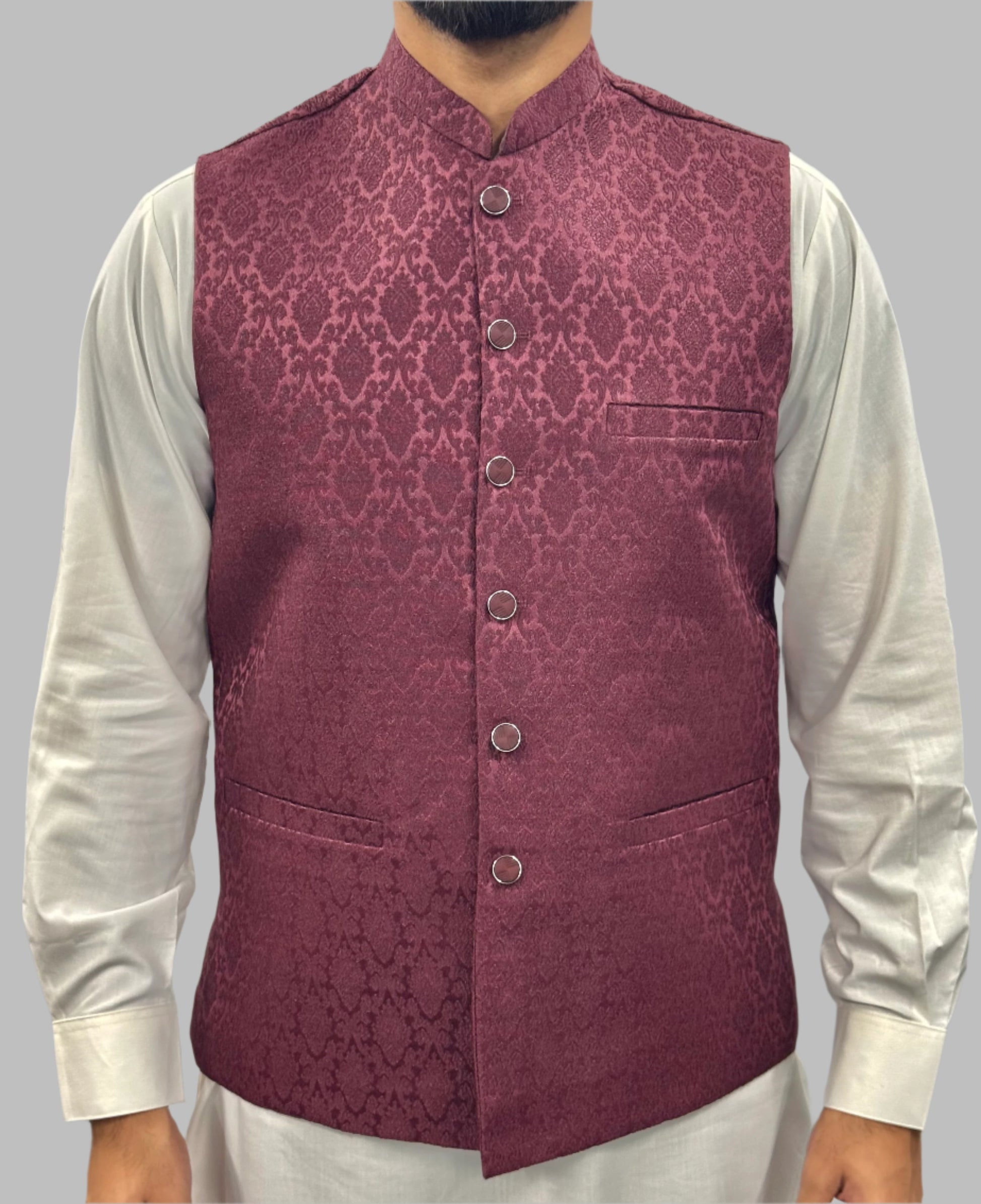 Men's Plum Diamond Design Jamawar Waistcoat Front View