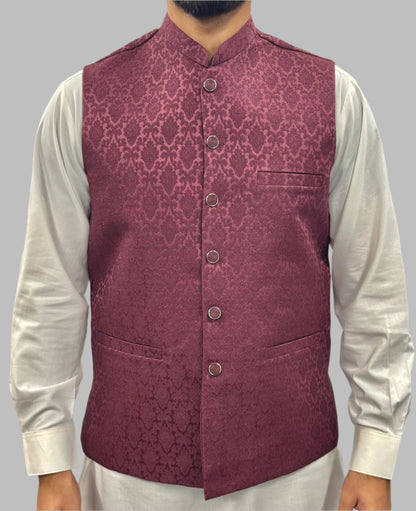 Men's Plum Diamond Design Jamawar Waistcoat Front View