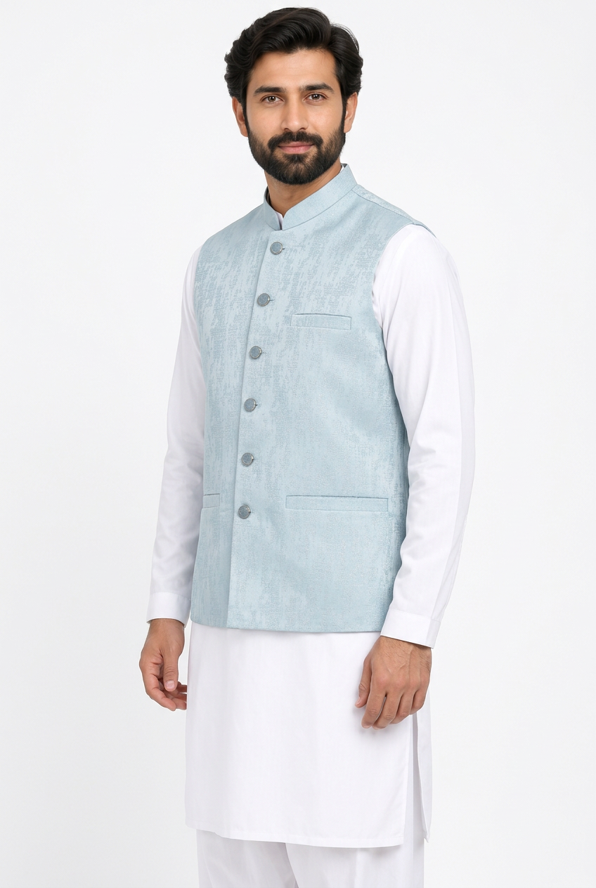 Men's Powder Blue Stone Print Design Jamawar Waistcoat Angled Full
