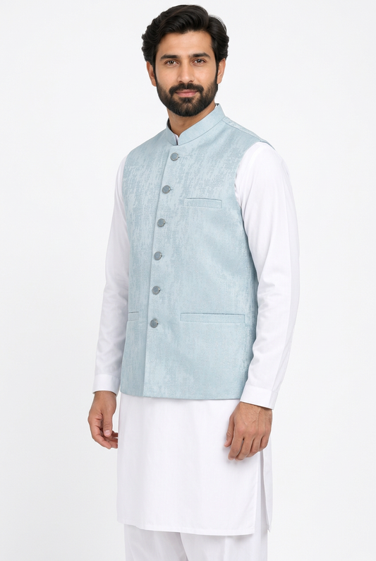 Men's Powder Blue Stone Print Design Jamawar Waistcoat Angled Full