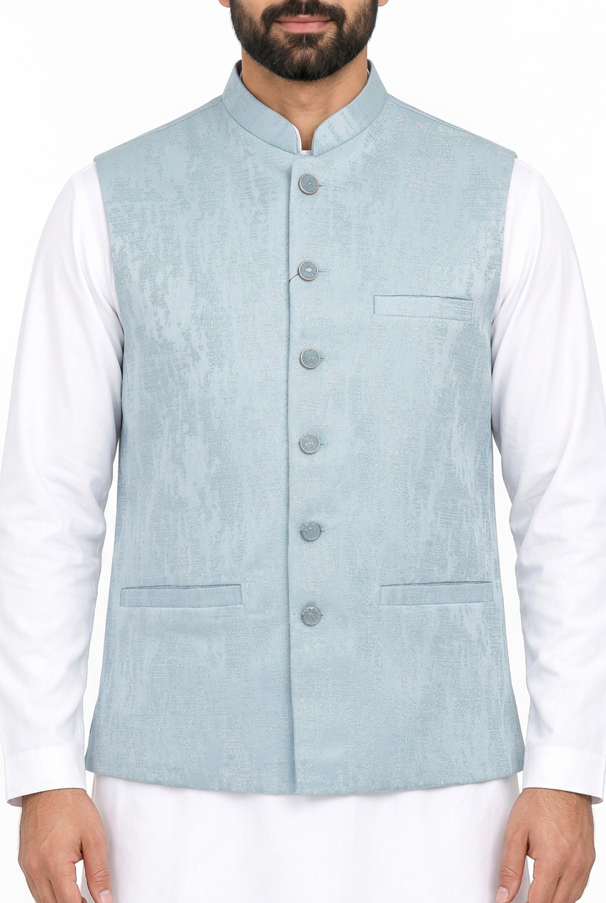 Men's Powder Blue Stone Print Design Jamawar Waistcoat Close Up