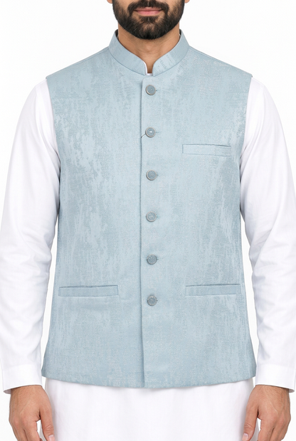 Men's Powder Blue Stone Print Design Jamawar Waistcoat Close Up