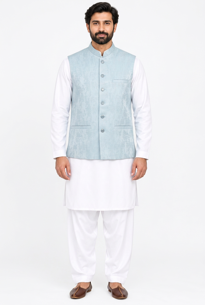 Men's Powder Blue Stone Print Design Jamawar Waistcoat Full