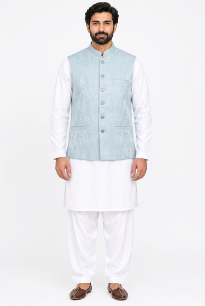 Men's Powder Blue Stone Print Design Jamawar Waistcoat Full