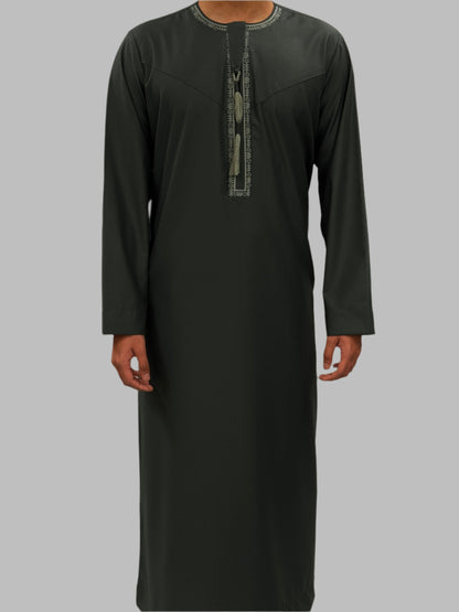 Men's Premium Embroidery Thobe Bottle Green Front View