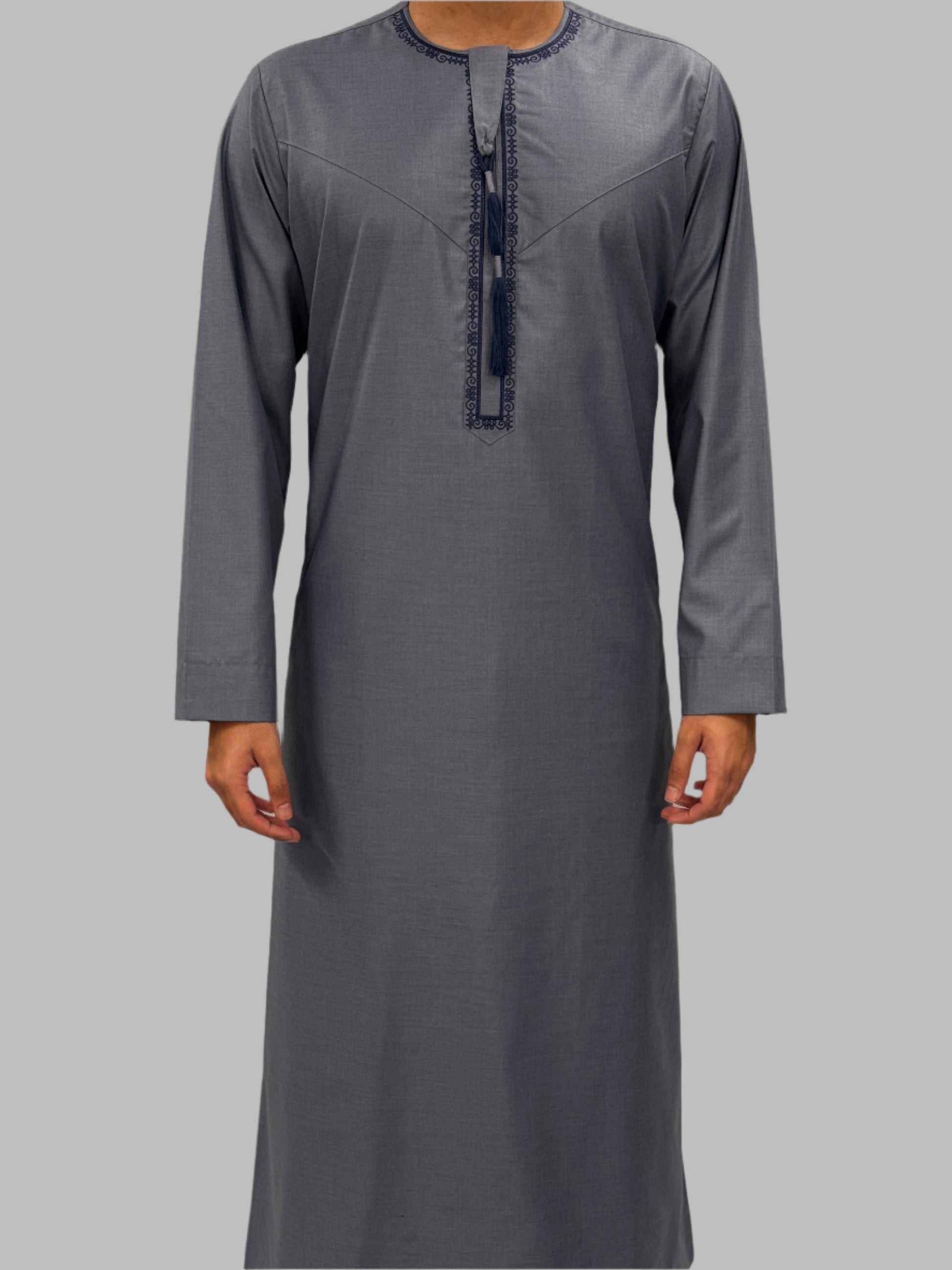 Men's Premium Embroidery Thobe Denim Front View
