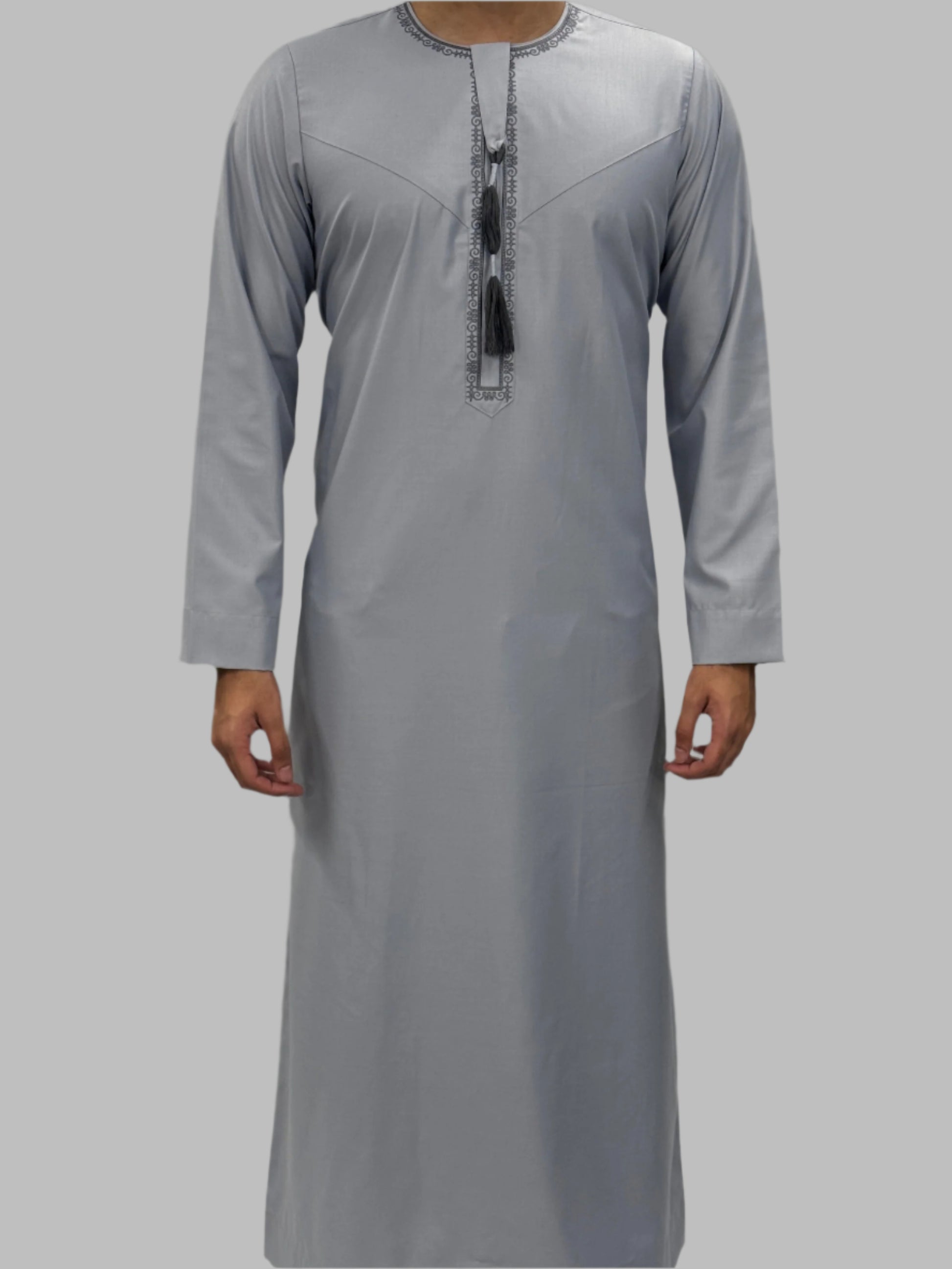 Men's Premium Embroidery Thobe Light Grey Blue Front View