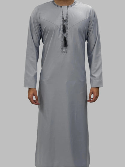 Men's Premium Embroidery Thobe Light Grey Blue Front View