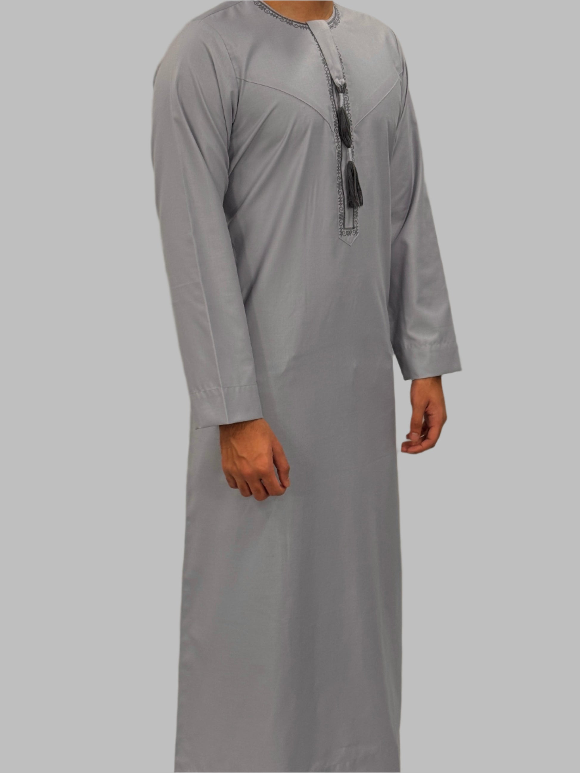 Men's Premium Embroidery Thobe Light Grey Blue Side View