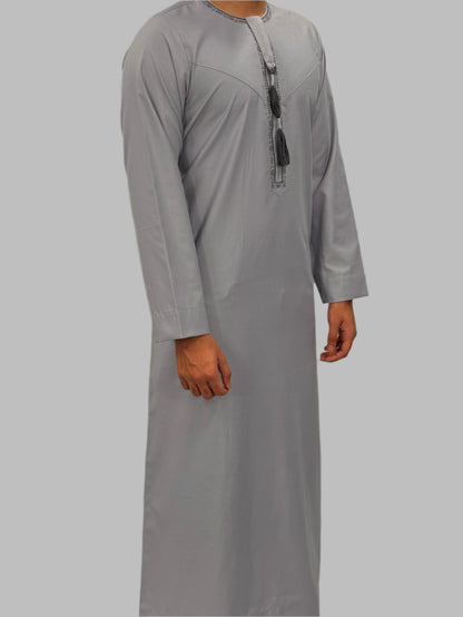 Men's Premium Embroidery Thobe Light Grey Blue Side View