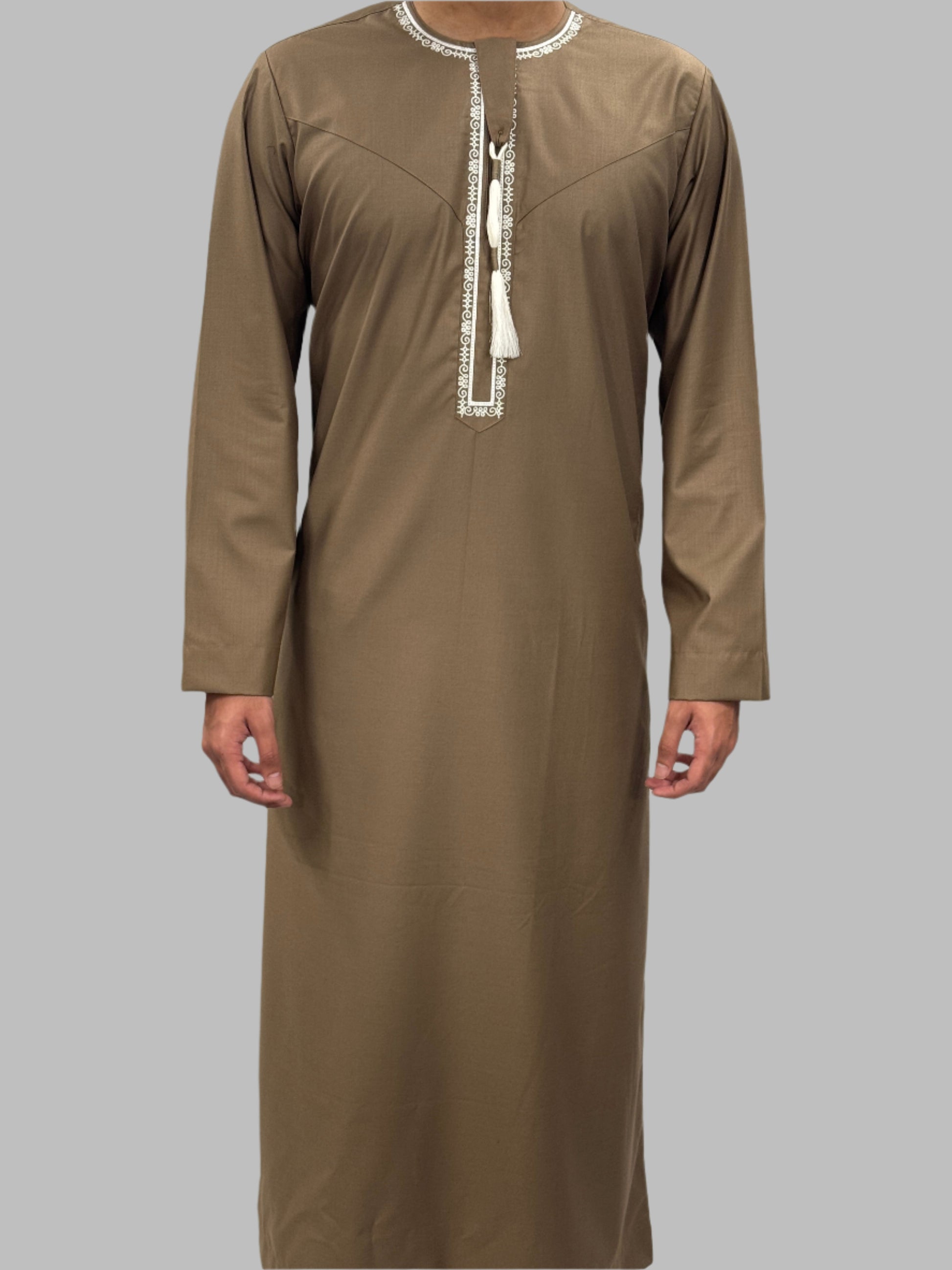 Men's Premium Embroidery Thobe Mocha Front View