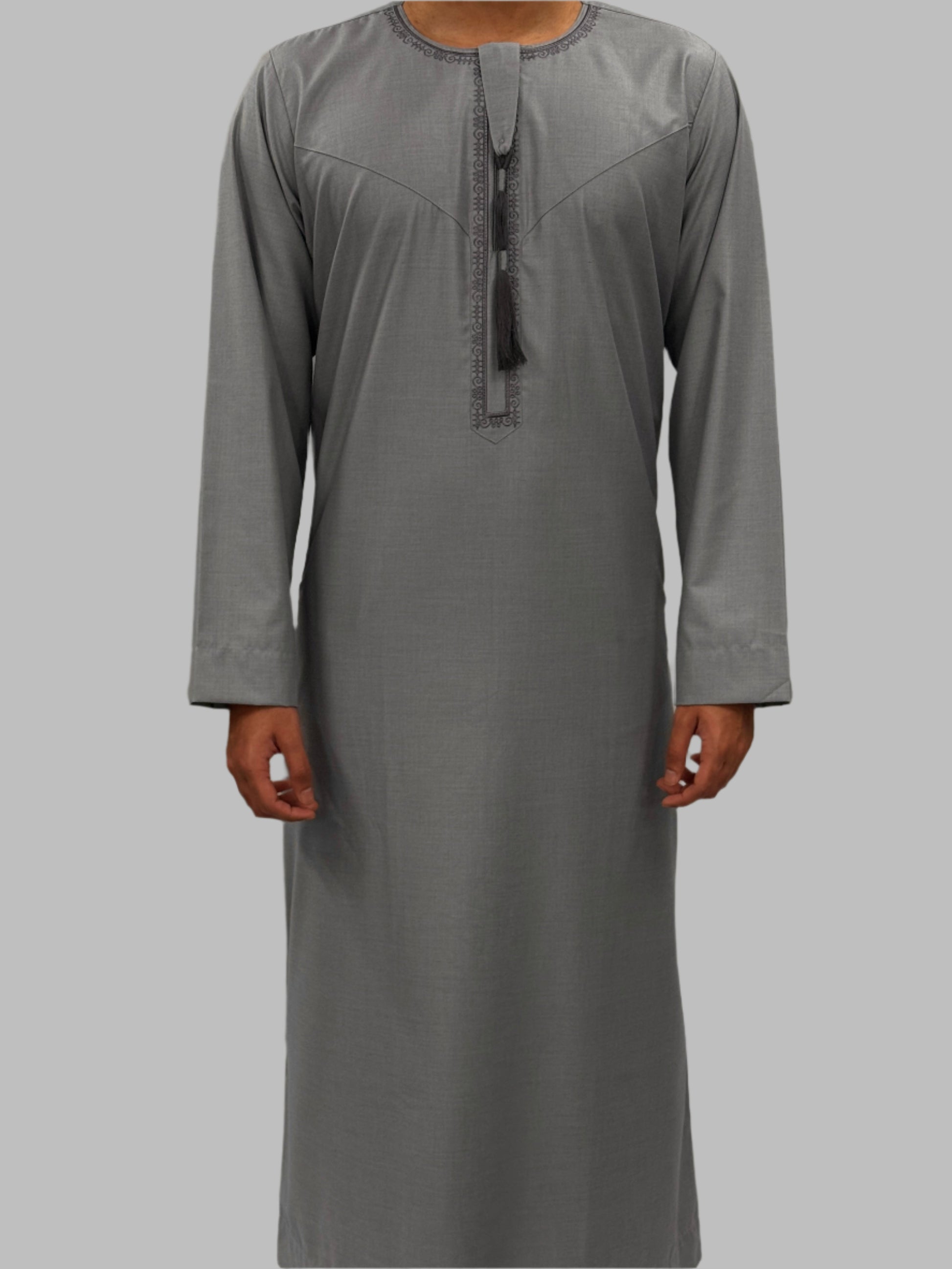Men's Premium Embroidery Thobe Stone Grey Front View