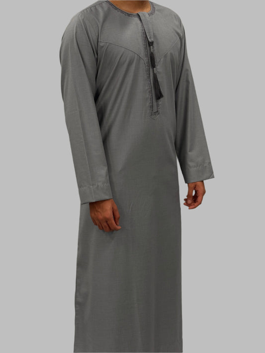 Men's Premium Embroidery Thobe Stone Grey Side View