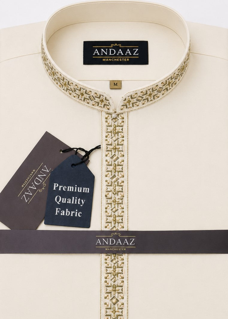 Men's Premium Shalwar Kameez Cream Multi Colour Placket Embroidery