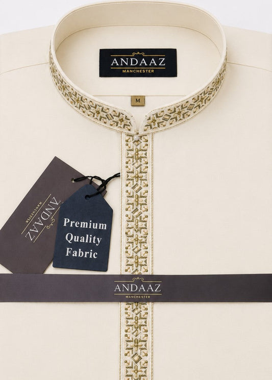 Men's Premium Shalwar Kameez Cream Multi Colour Placket Embroidery