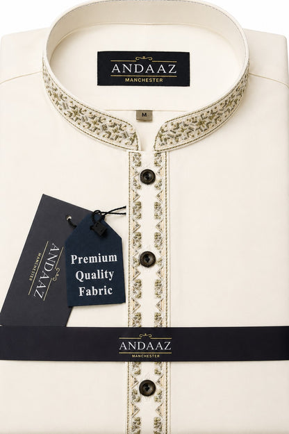 Men's Premium Shalwar Kameez Cream Multi Colour Split Placket Embroidery