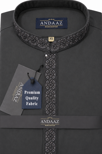 Men's Premium Shalwar Kameez Dark Grey Multi Colour Placket Embroidery