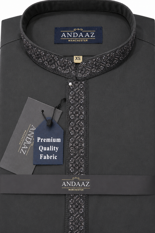 Men's Premium Shalwar Kameez Dark Grey Multi Colour Placket Embroidery