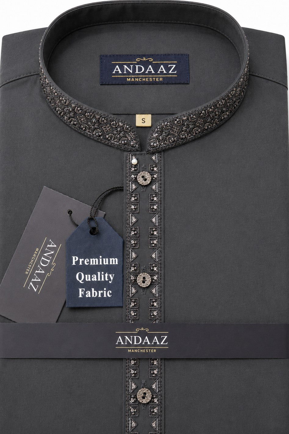 Men's Premium Shalwar Kameez Dark Grey Multi Colour Split Placket Embroidery
