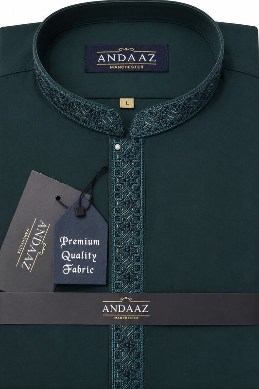 Men's Premium Shalwar Kameez Dark Teal Multi Colour Placket Embroidery