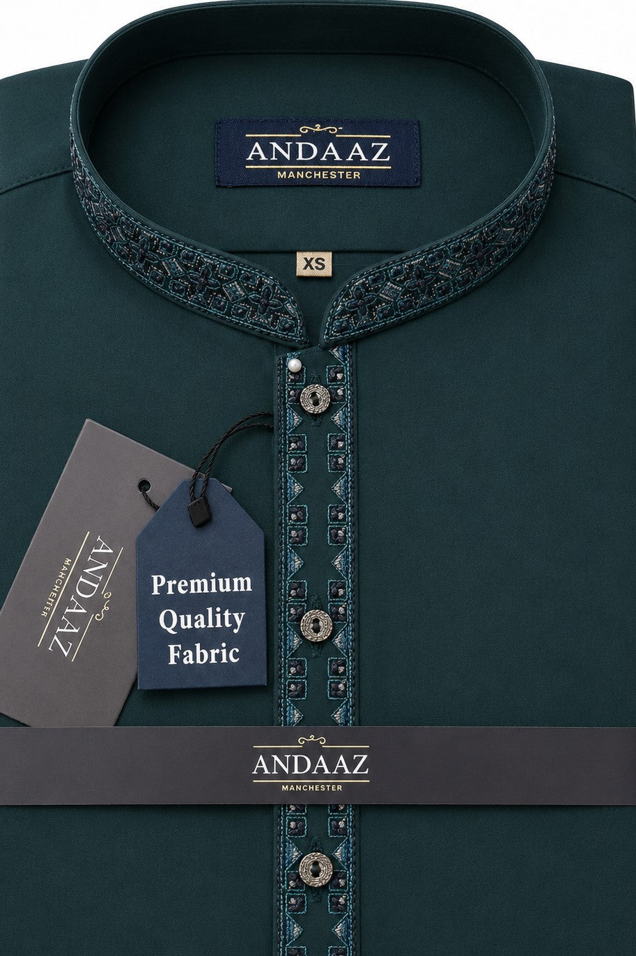 Men's Premium Shalwar Kameez Dark Teal Multi Colour Split Placket Embroidery