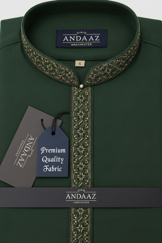 Men's Premium Shalwar Kameez Forest Green Multi Colour Placket Embroidery