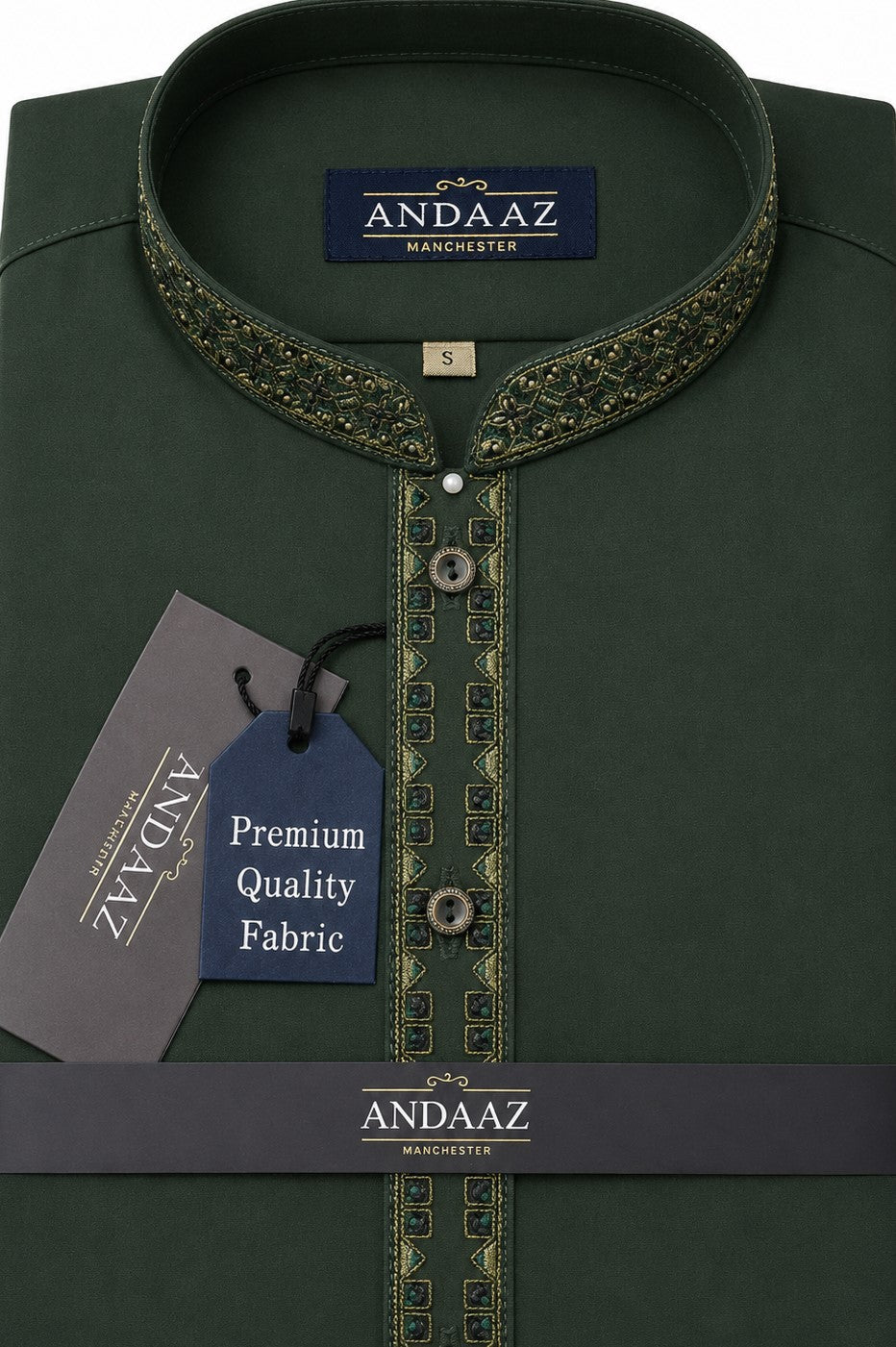 Men's Premium Shalwar Kameez Forest Green Multi Colour Split Placket Embroidery
