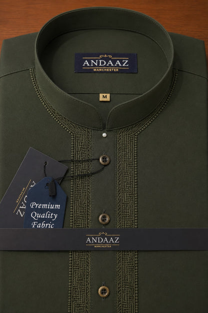 Men's Premium Shalwar Kameez Forest Green Piyala Embroidery