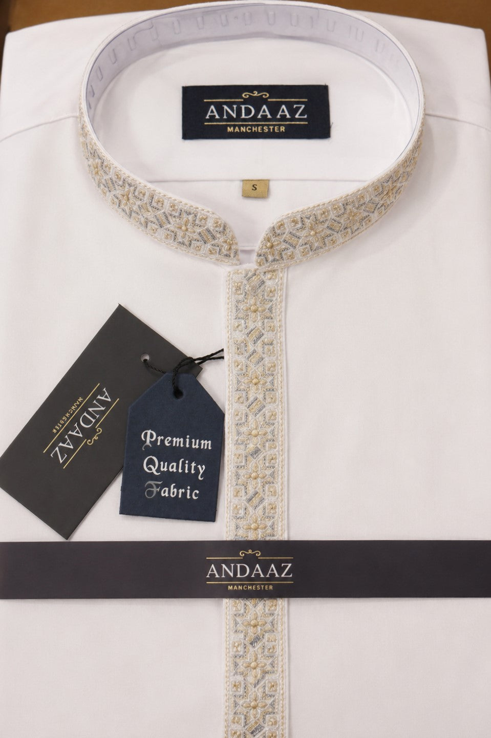 Men's Premium Shalwar Kameez White Multi Colour Placket Embroidery