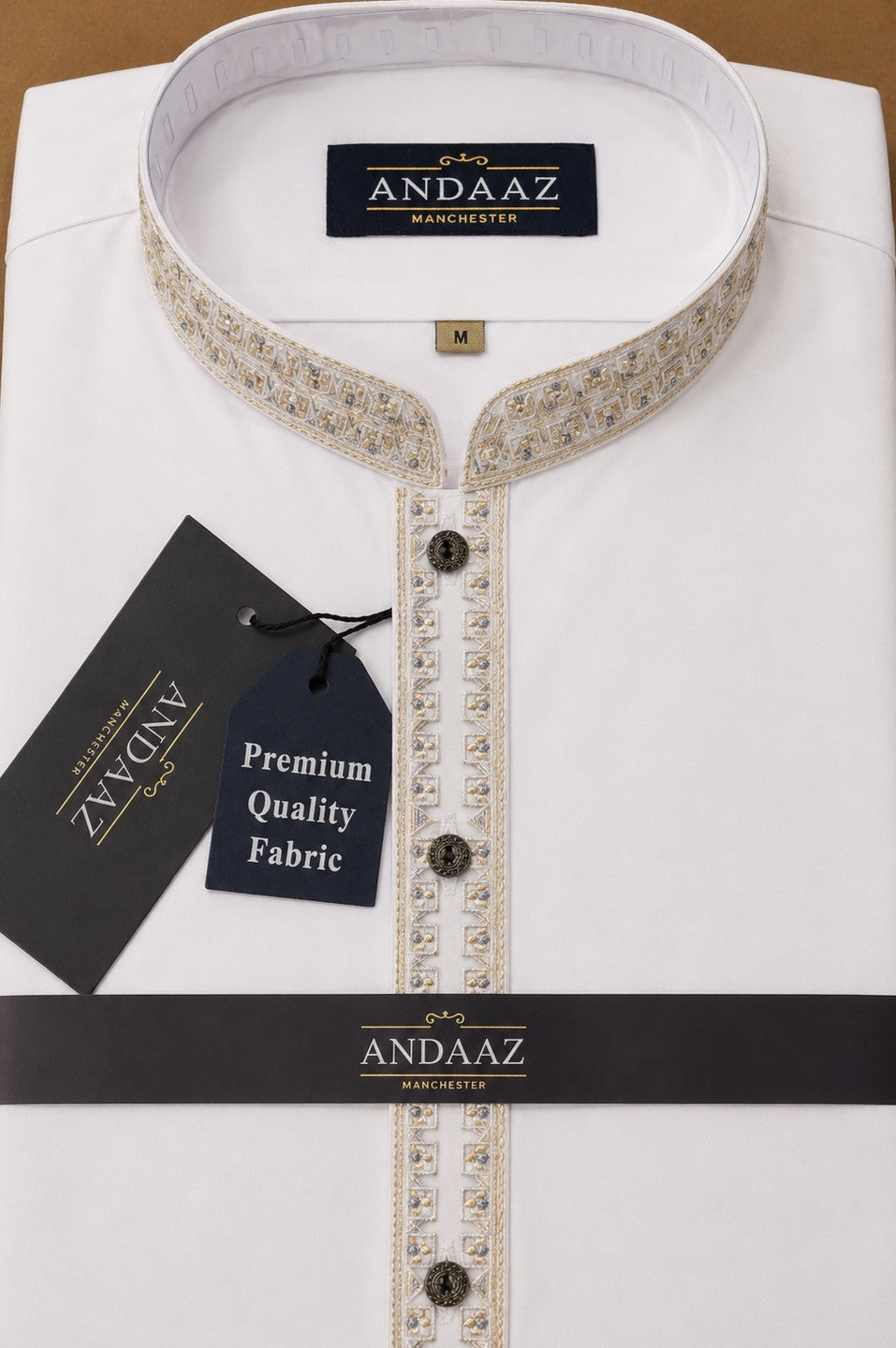 Men's Premium Shalwar Kameez White Multi Colour Split Placket Embroidery