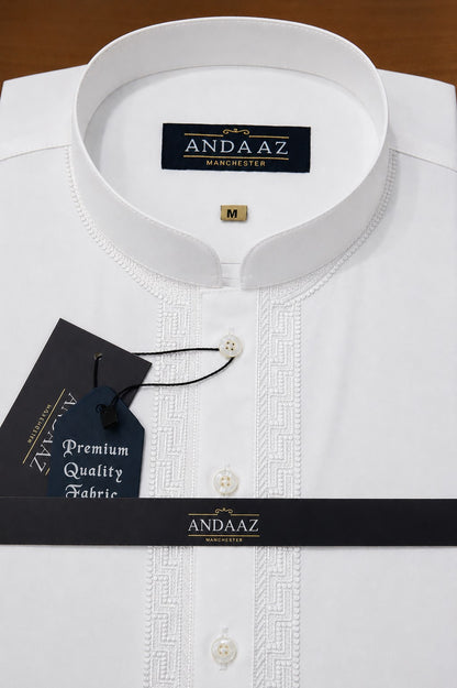 Men's Premium Shalwar Kameez White Piyala Embroidery