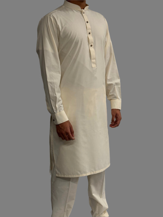 Men's Premium Trouser Kameez Plain Cream Side View
