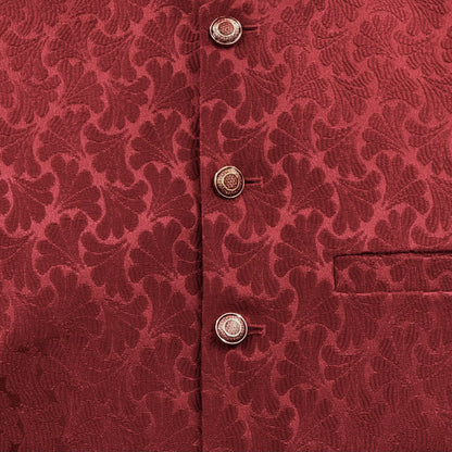 Men's Red Petal Design Jamawar Waistcoat Close Up