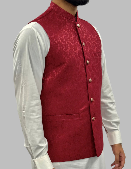 Men's Red Petal Design Jamawar Waistcoat Side View