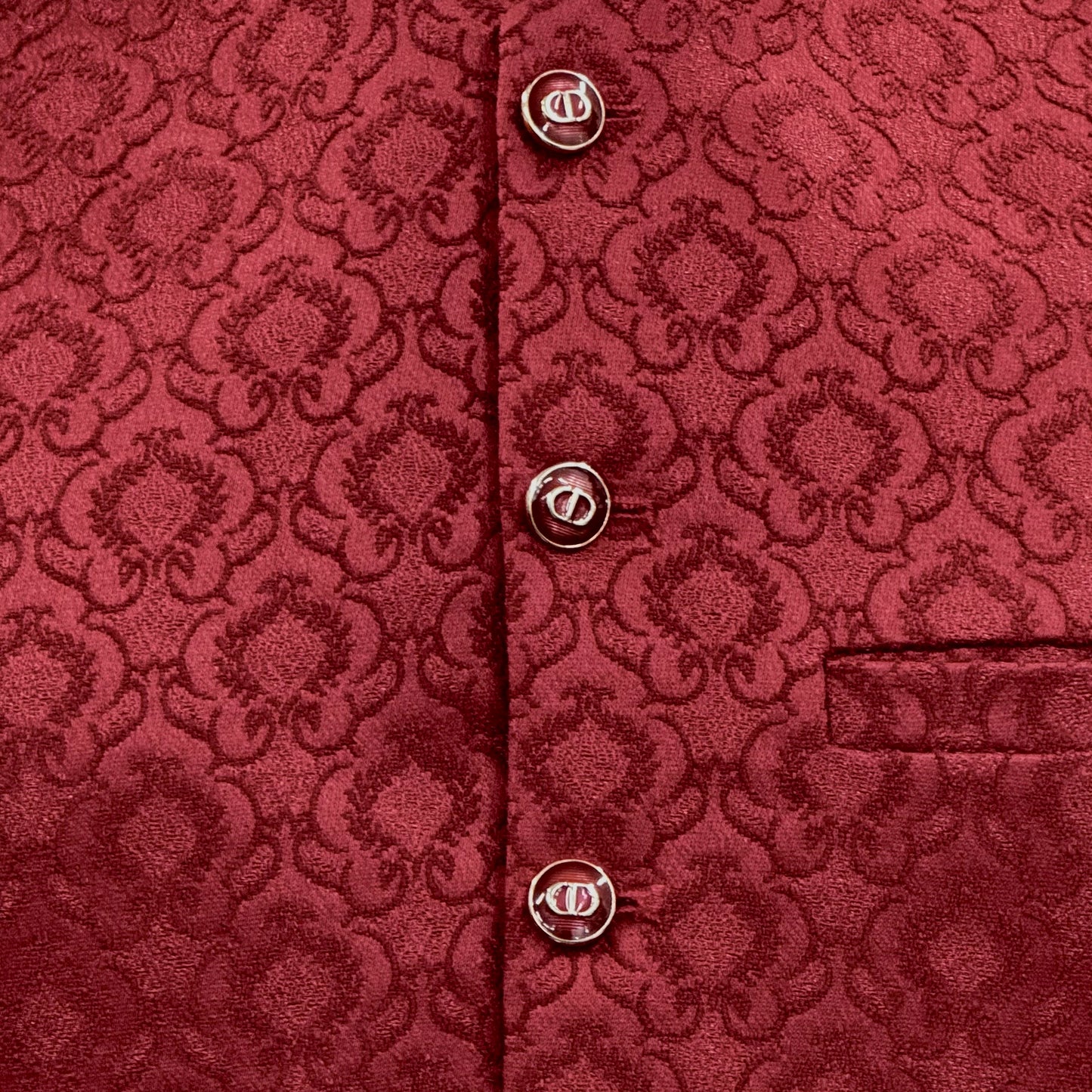 Men's Red Royal Design Jamawar Waistcoat Close Up