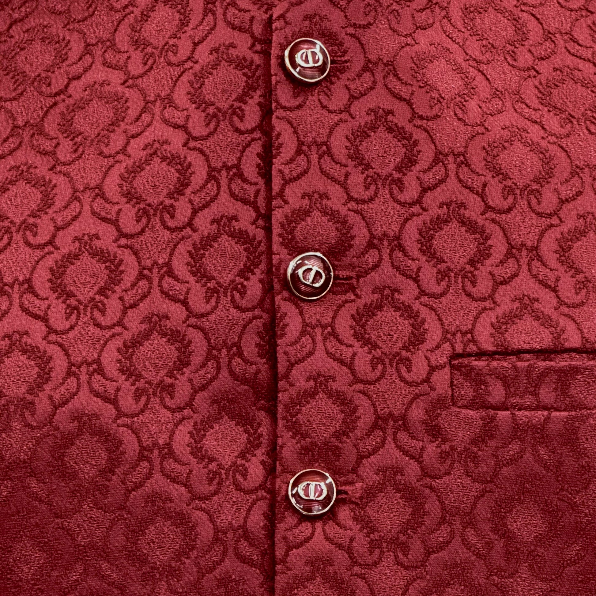 Men's Red Royal Design Jamawar Waistcoat Close Up