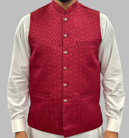 Men's Red Royal Design Jamawar Waistcoat Front View