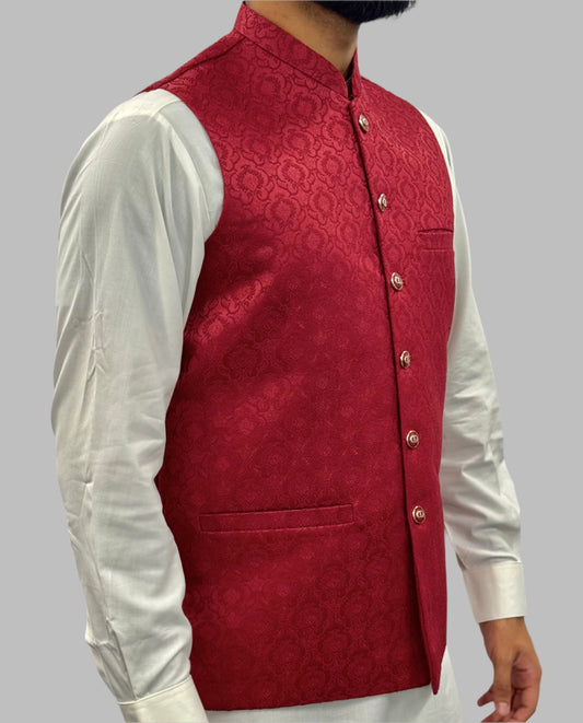 Men's Red Royal Design Jamawar Waistcoat Side View