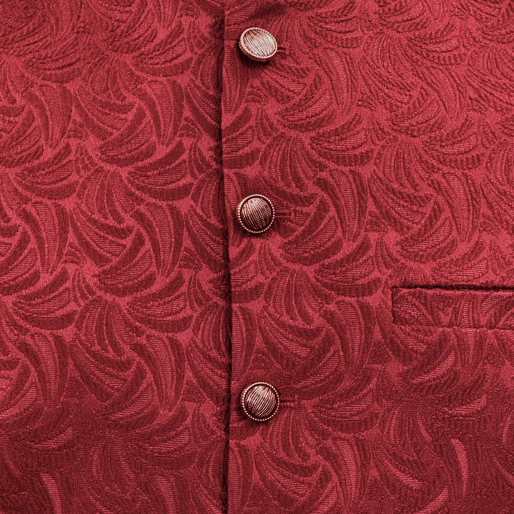 Men's Red Swirl Design Jamawar Waistcoat Close Up