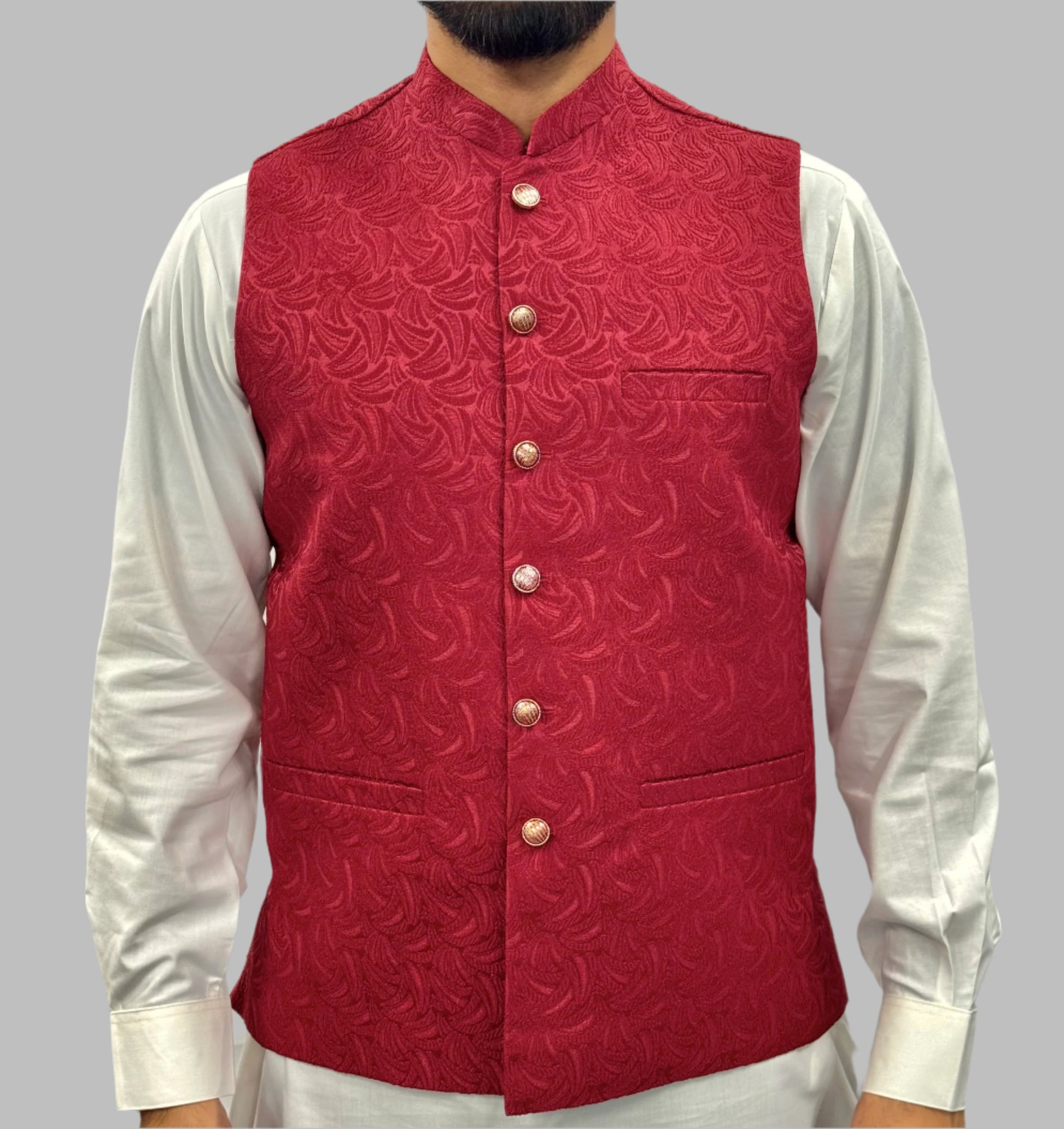 Men's Red Swirl Design Jamawar Waistcoat Front View