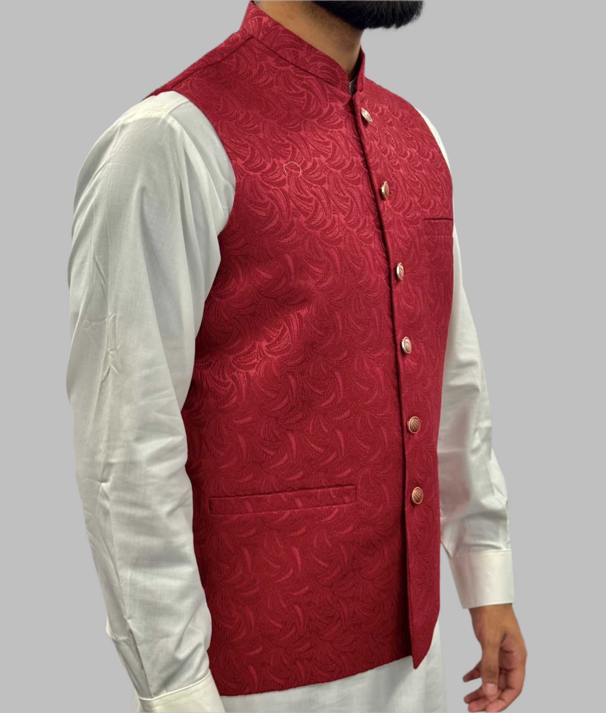 Men's Red Swirl Design Jamawar Waistcoat Side View