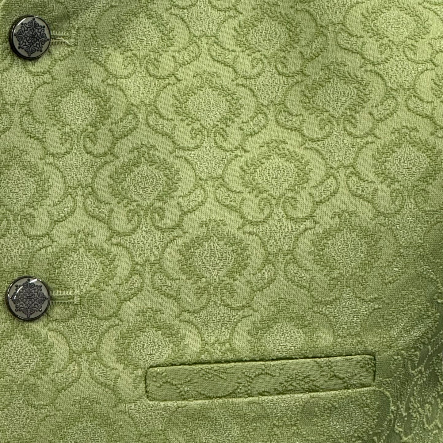 Men's Royal Design Pastel Green Jamawar Waistcoat Close Up