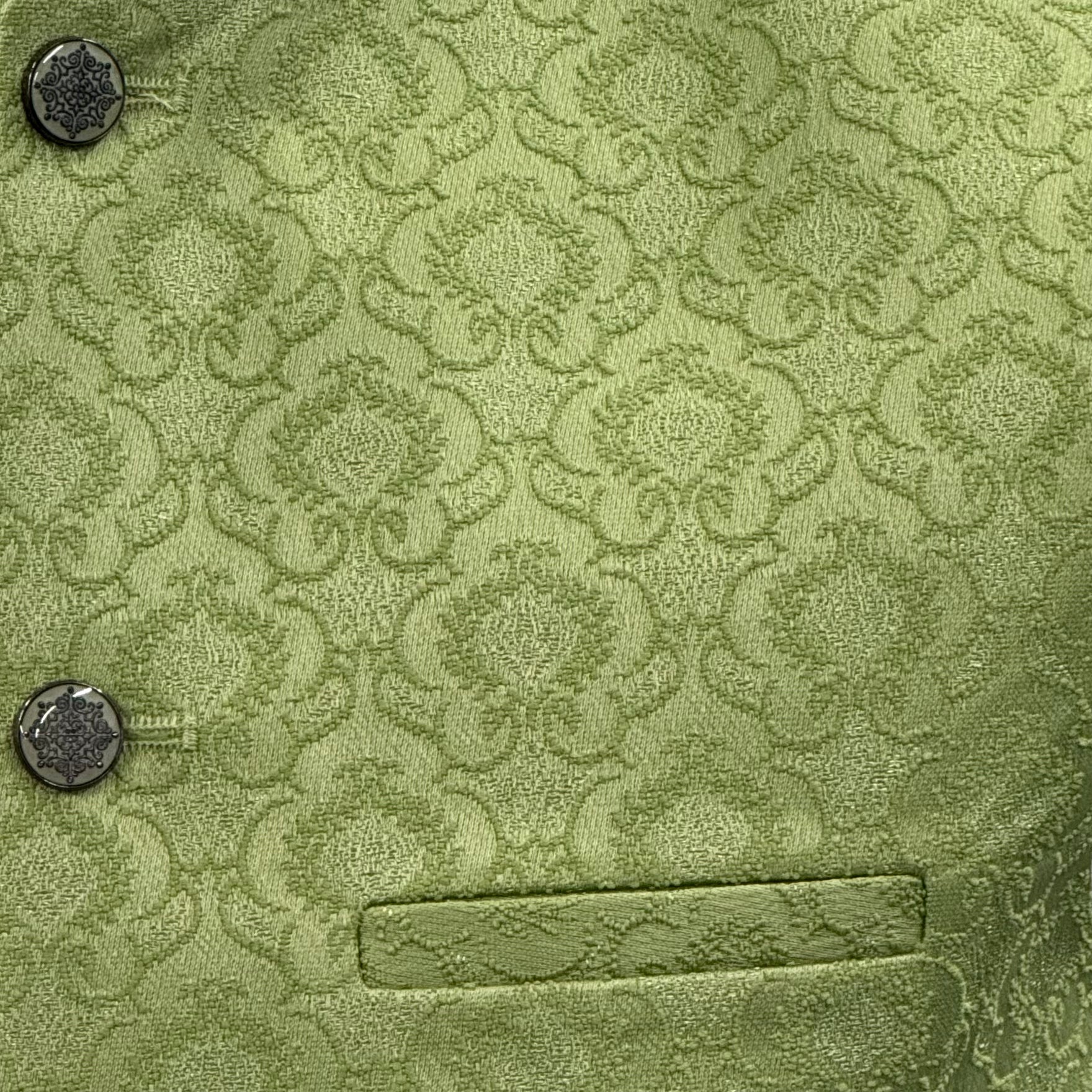 Men's Royal Design Pastel Green Jamawar Waistcoat Close Up