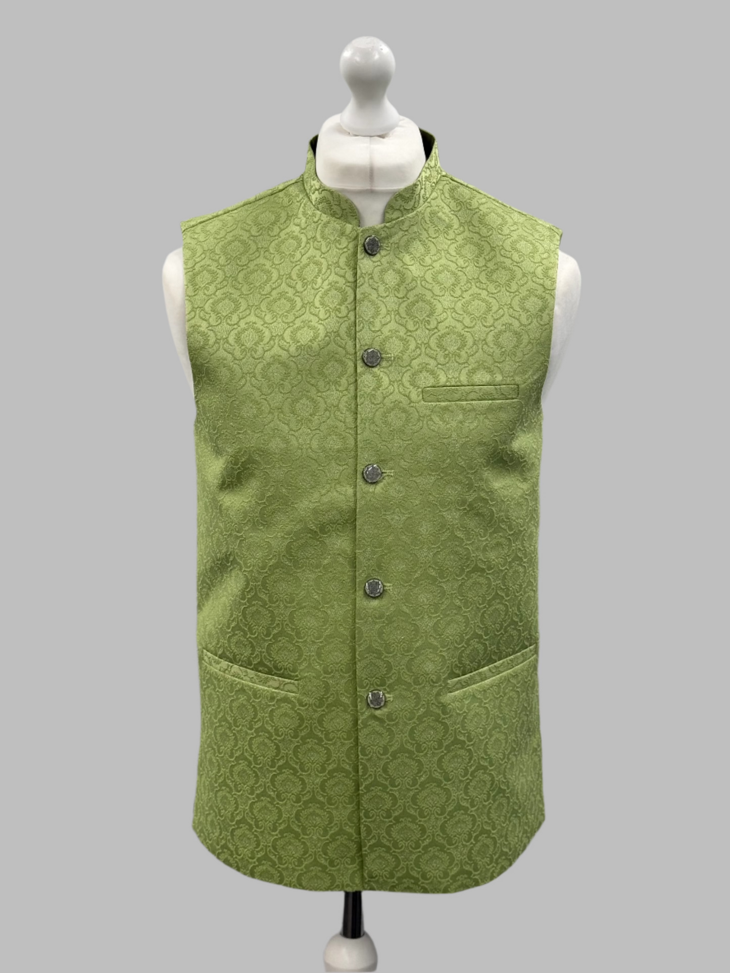 Men's Royal Design Pastel Green Jamawar Waistcoat Front View