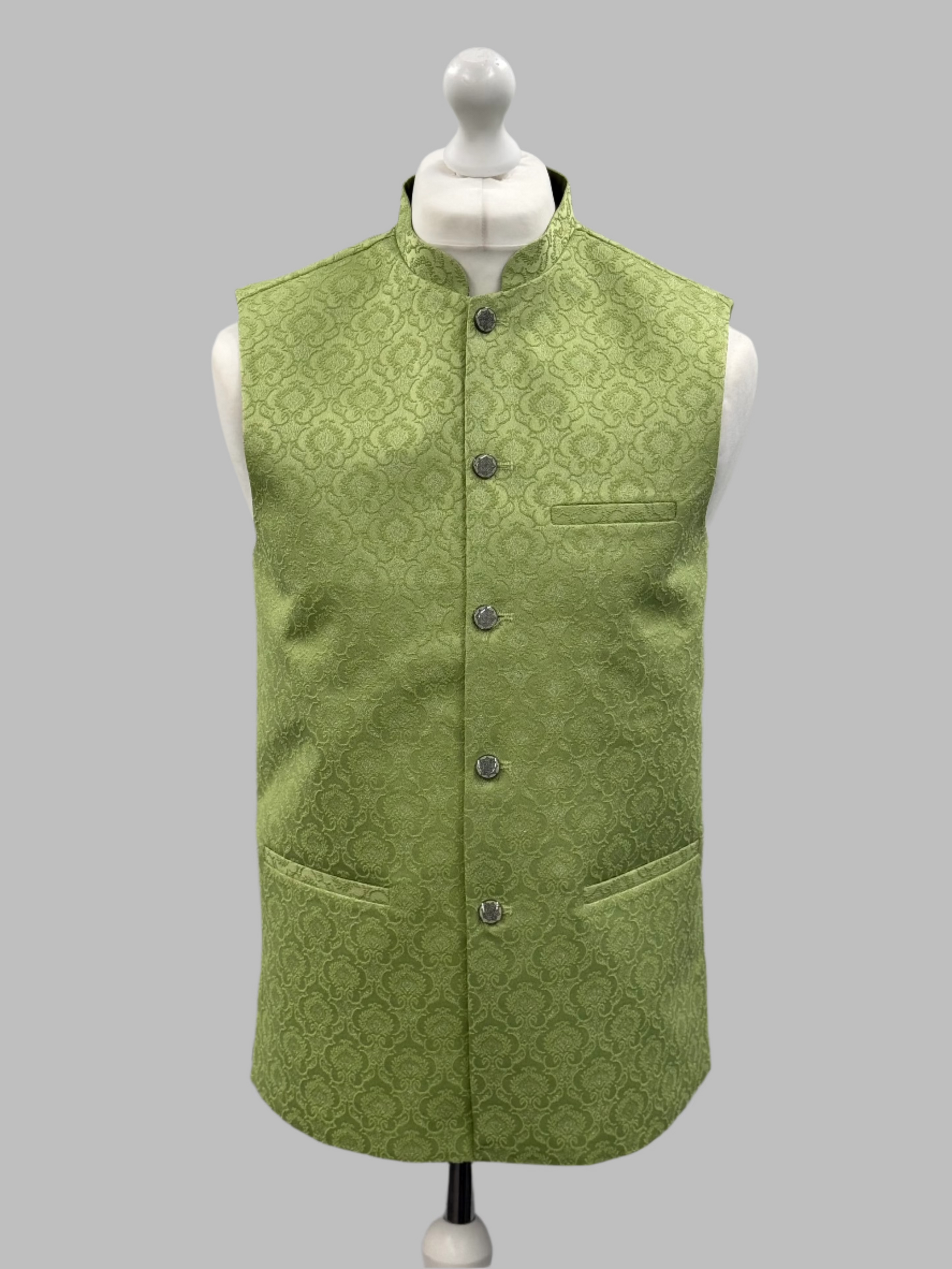 Men's Royal Design Pastel Green Jamawar Waistcoat Front View