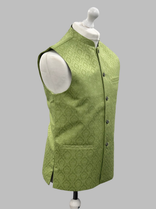 Men's Royal Design Pastel Green Jamawar Waistcoat Side View