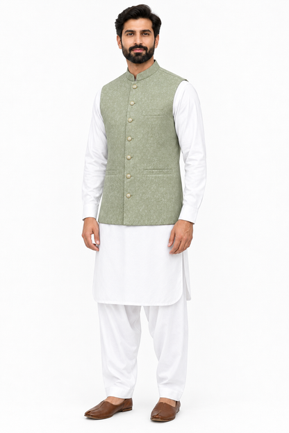Men's Sage Flower Design Jamawar Waistcoat Angled Full